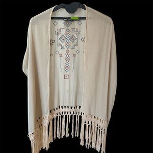 Umgee Women's Beige Fringe Cardigan S/M with Embroidered Back